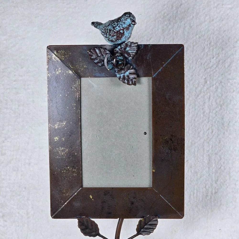 Antique Style Metal Photo Frame With a Bird & Flower On Top Rustic Distressed